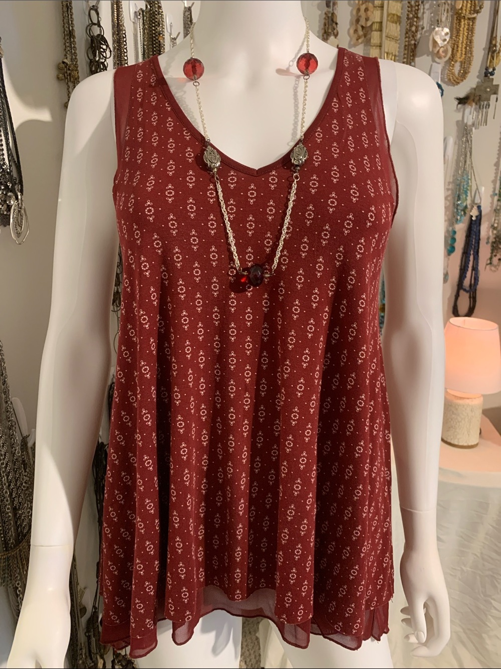 Grace & Lace Burgundy Printed V-Neck Swing Tank with necklace